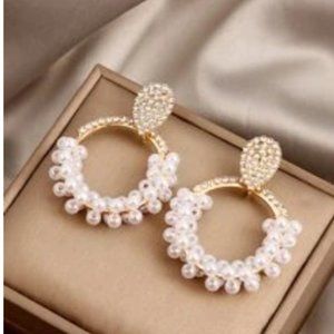 Rhinestone Decor Faux Pearl Drop Earrings